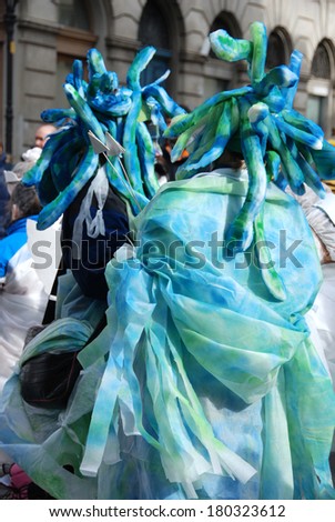 LJUBLJANA, SLOVENIA - MARCH 1, 2014: Fantasy masks at traditional annual Dragon Carnival parade at the end of winter and arrival of spring.