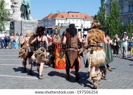 LJUBLJANA, SLOVENIA - JUNE 7, 2014:Battle between Romans and barbarians. Celebration of 2000th anniversary of old Roman city Emona (now Ljubljana), event organized by Historical Society Poetovio LXIX.