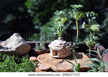 Miniature Mediterranean garden in a pot with a stony hut shelter kazun, typical for Istria, rocky landscape and grazing sheep, Aerial view