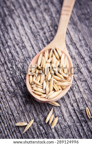 Raw Oats Seeds in Wooden Spoon on Rustic Wooden Background. Super Still Life Photography. Organic Food and Healthy Lifestyle image.