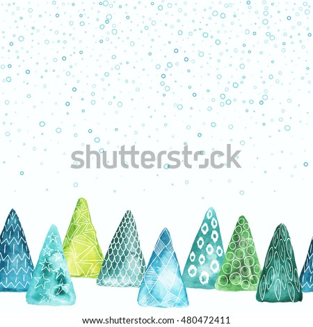 Creative watercolor with ornament abstract Christmas trees. Holiday wallpaper, New Year greeting card template with space for text.