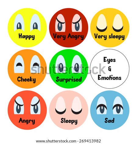Set of cartoon vector eyes expressing emotions: happy, angry, sleepy, cheeky, surprised, sad. Cartoon elements for your character design. Flat style modern vector illustration.