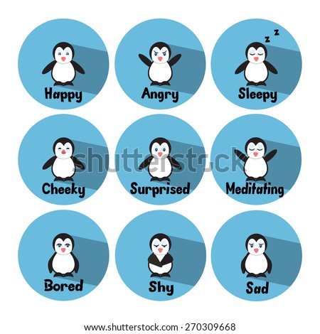Set of penguins expressing emotions: happy, angry, sleepy, cheeky, surprised, meditating, bored, shy, sad. Trendy icons with flat style & long shadow. Flat style modern vector element for your design.