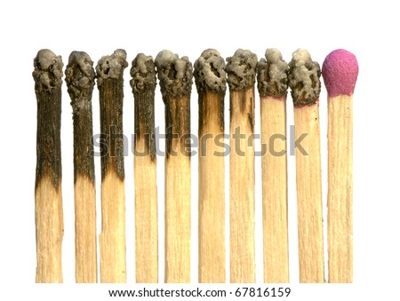 Conceptual image of many burnt matches plus an unused one left, suitable for representing the consumption of non-renewable energy and the shortage of remaining resources.
