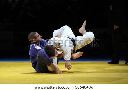 BIRMINGHAM - SEPTEMBER 19:  Sofiane Milous (L) vs Nathon Burns in the Judo world Cup September 19, 2009 in Birmingham, England