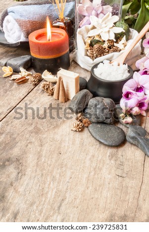 Spa composition. Sea salt, candle , smell of flower