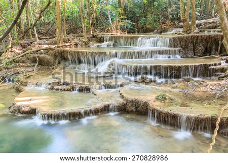 Waterfall in deep tropical Forest , Huay Mae Kamin Waterfall Karnjanaburi Thailand