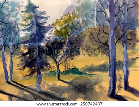 watercolor landscape park.