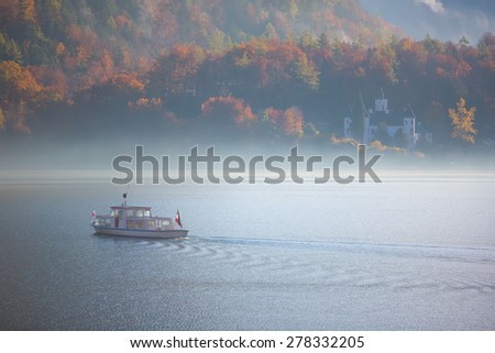 Boat in The Lake with Fog - Hallstatt, Austria