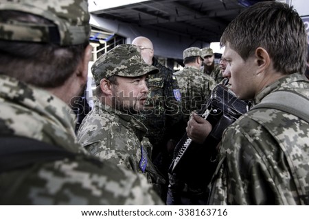 Kyiv, Ukraine - 14 October 2015: Ukrainian Orthodox chaplain of the Ukrainian Armed Forces leaves Kiev to be posted in the conflict area in Eastern Ukraine.