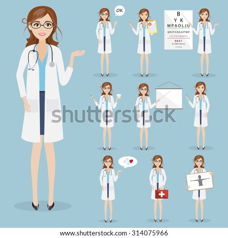 set of woman doctor character health care at hospital