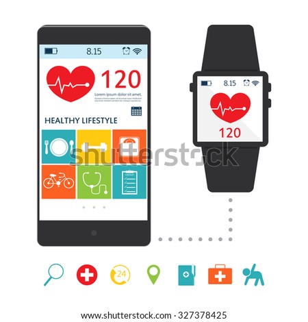 Smart Watch with application for health. Synchronization of devices. Health test Illustration in flat style.healthy.