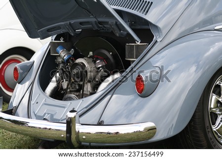 Classic air cooled engine bay from a retro 1960 Beetle.