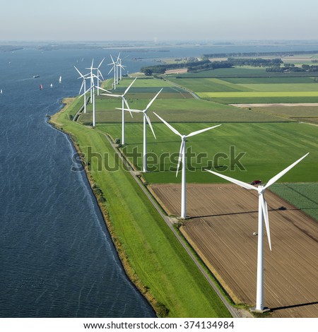 Aerial view of offshore wind turbine farm in along the Volkerak, The Netherlands.