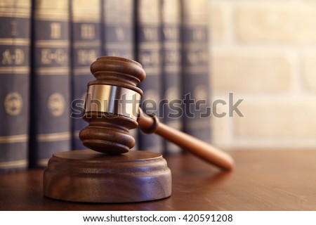 Gavel leaning against a row of law books