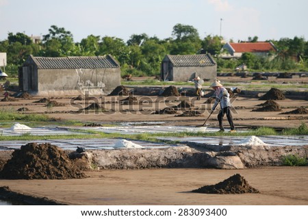 Nam Dinh, Vietnam, July 31: Farmers harvesting salt in salt fields on July 31, 2014 in Nam Dinh, Vietnam. Namdinh is province near by Hanoi- capital of Vietnam