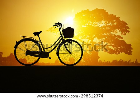 Bicycle silhouette  on road and sunset background