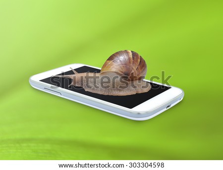 Snail on smartphone on green background , technology fast slow concept
