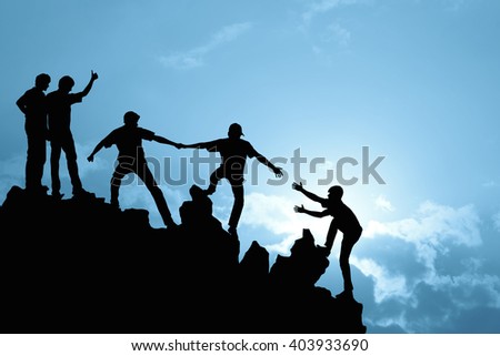 Group of people on peak mountain  climbing helping team work , success concept