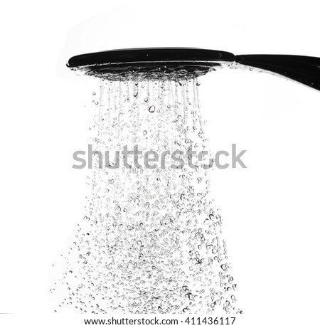 Water drops from shower head in bathroom on white background,stop motion shower water drop, splash water of shower head,showering on white,art abstract background