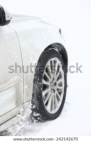 winter tire, car driving in forest with much snow