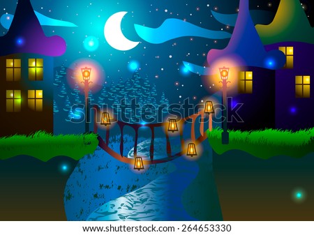 Vector illustration. Fabulous houses and a bridge across the river. Night landscape.