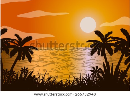Sunset in the ocean, beach, palm tree
