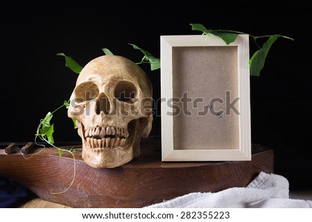 skull and photo frame with green leaf on old wood musical instrument still life
