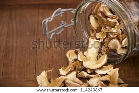 Dried Porcini Mushrooms Spilling Out Of A Storage Jar