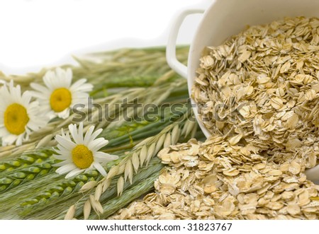 Grains of oats and oats flakes in a white bowl