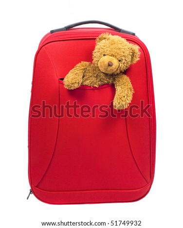 Leisure International Luggage on Big Red Luggage Bag And Children S Toy Bear Cub Isolated Stock Photo