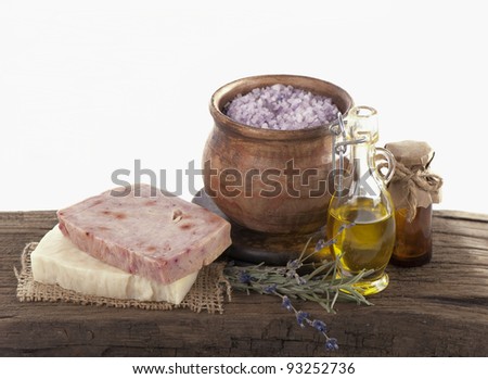 lavender and organic lavender soap over old wooden tray. best suited for relaxing and health commercials