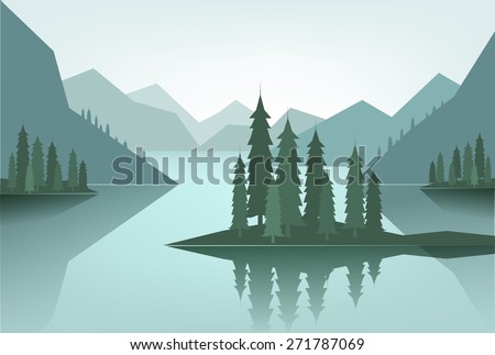 Flat canadian landscape with mountains, lake and pine trees