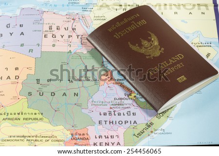 Thailand Passports on a map of the Ethiopia, Sudan and Egypt.