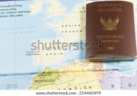 Thailand Passports on a map of the France, Spain,Andorra  and Portugal.