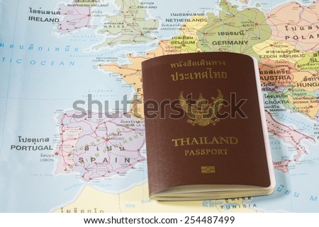 Thailand Passports on a map of the Spain,Germany and Portugal.
