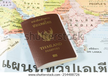 Thailand Passports on a map of the India, Pakistan,Nepal and Sri Lanka.