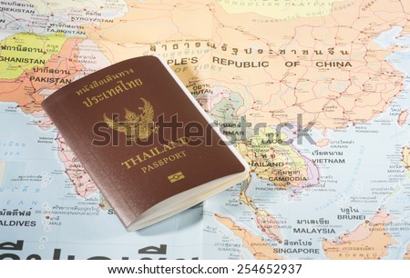Thailand Passports on a map of the China,Vietnam,Singapore and Malaysia.