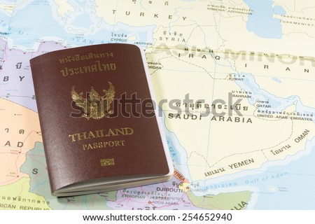 Thailand Passports on a map of the Saudi Arabia.