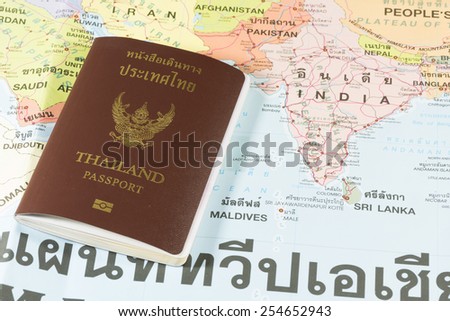 Thailand Passports on a map of the India, Maldives,Nepal and Sri Lanka.