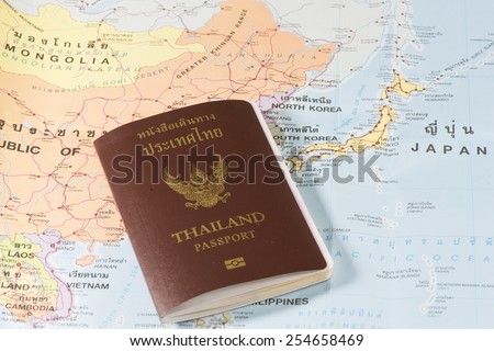 Thailand Passports on a map of the South Korea, North Korea and Japan.