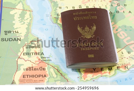 Thailand Passports on a map of the Sudan,Ethiopia,Eritrea and Red Sea.