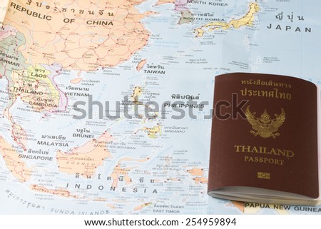Thailand Passports on a map of the China,Taiwan,Philippines and Japan.