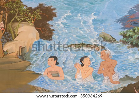 BANGKOK, THAILAND - December 11, 2015: Traditional Thai mural painting the Life of Buddha and Thai life style on wall of temple  at Wat Ratchaphatigaram  on December 11, 2015 in BANGKOK, Thailand.