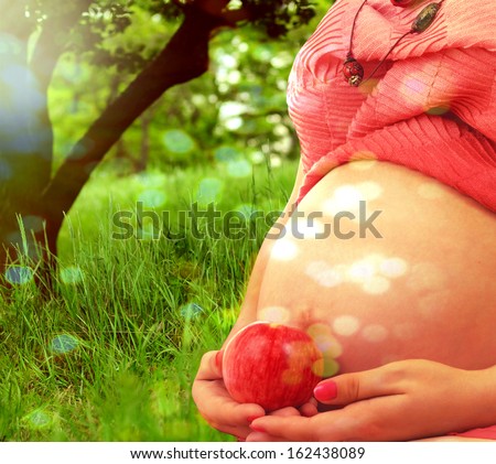 Stomach of the pregnant woman holding an apple, outdoor shoot.