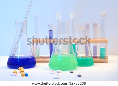 Medical science equipment and pills. Research, laboratory, science, testing.