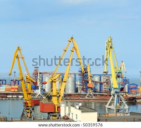 Trading sea port with cranes, containers and tanks