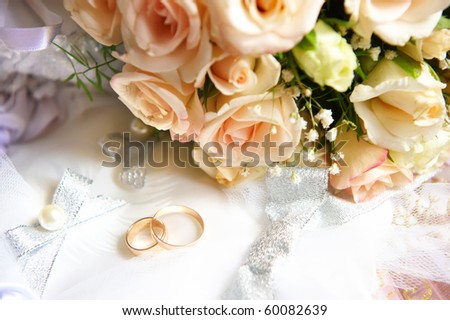 stock photo Wedding bouquet and rings