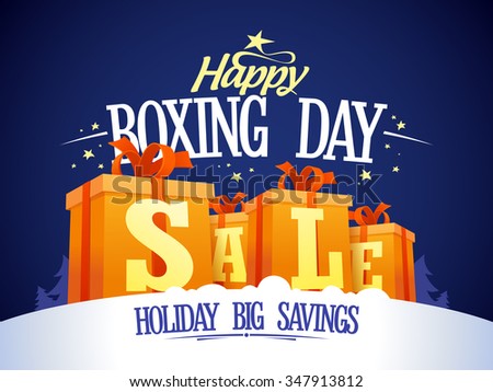Happy Boxing day sale design with gift boxes on a snow, holiday big savings.