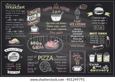 Chalk menu list blackboard design for cafe or restaurant, breakfast and lunch, fast-food and pizza, grill menu, drinks,  mock up